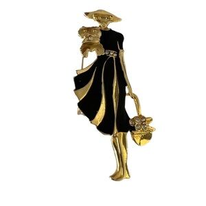 Beautiful Classy Enamel Lady and Dog Brooch Pin.  Crystals
